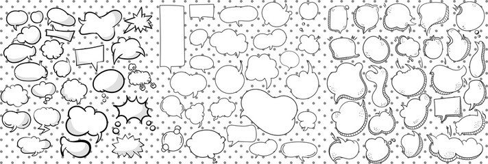 Very large collection of black and white line drawn vector thought, text and speech bubbles for print, cartoon and internet in a variety of shapes for use as design elements or icons for communication