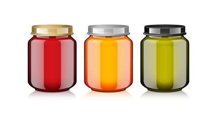 Glass Jar set with white label For Honey, Jam, Jelly or Baby Food Puree realistic Mock Up Template