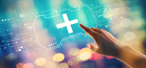 Plus sign with hand pressing a button on a technology screen