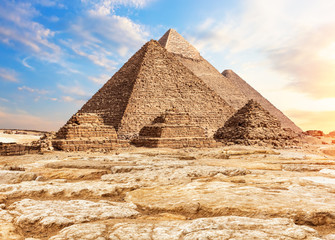 The Pyramids in the sand and stones, Giza, Egypt