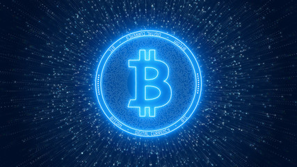 Illustration of a Bitcoin in glowing blue on a particle background