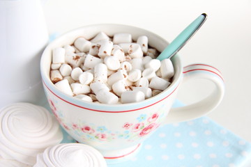 A Cup of cocoa and marshmallows on a white background.