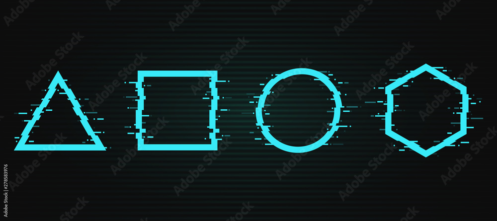 Poster vector glitch frames set. geometric shapes with tv distortion effect on dark background. circle, tri