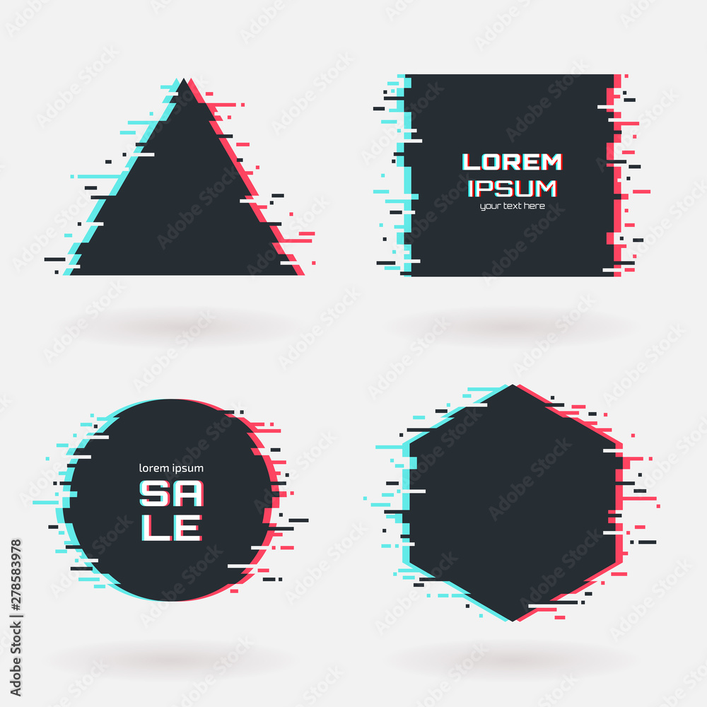 Poster vector glitch frames set. geometric shapes with tv distortion effect. circle, triangle, rhombus and 