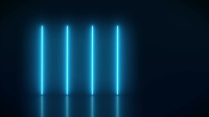 Video animation of glowing vertical neon lines in blue on reflecting floor. - Abstract background - laser show - Powered by Adobe
