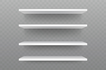 White shelves on the wall. Empty shop shelf with falling shadow. Product shelves isolated on transparent background. Blank showcase mock up. Interior element for bookstore or supermarket.