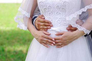 Groom embracing bride from behind. Wedding dress. Hands close-up