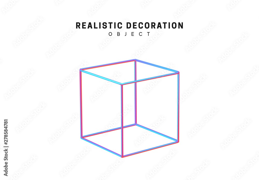 Poster Shaped linear square, cube Realistic shape 3d objects with gradient holographic color of hologram. Geometric decorative design elements isolated on white background. vector illustration.