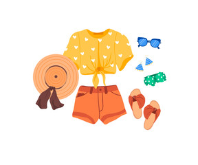 Set of outfit creator with summer fashion womens clothing t-shirt shorts