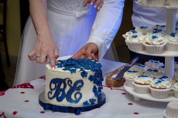 Newlyweds eat wedding cake. Beautiful white wedding cake with blue trim. Cake with a beautiful decor.