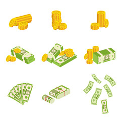 Money heaps flat vector illustrations set