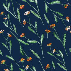 Orange flowers watercolor painting - hand drawn seamless pattern on navy blue background
