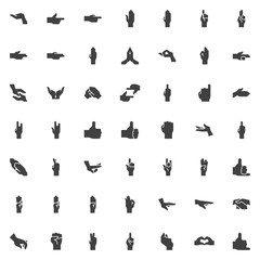 Hand gestures vector icons set, modern solid symbol collection, filled style pictogram pack. Signs, logo illustration. Set includes icons as Thumb up, Greeting hand, Framing hands, Middle finger Index