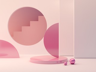3d rendering, abstract cosmetic background. Show a product. Empty scene with cylinder mirror, spheres and podium. Pastel pink minimal wall and stair. Fashion showcase, display case, shopfront. 