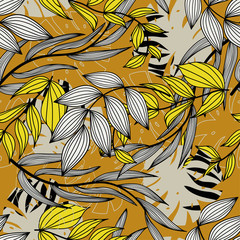 Abstract seamless pattern with colorful tropical leaves and plants on orange background. Vector design. Jungle print. Flowers background. Printing and textiles. Exotic tropics. Fresh design.