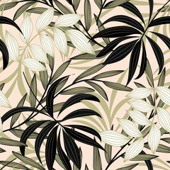 Wallpaper murals Palm trees Trend abstract seamless pattern with colorful tropical leaves and plants on a delicate background. Vector design. Jungle print. Flowers background. Printing and textiles. Exotic tropics. Fresh design.