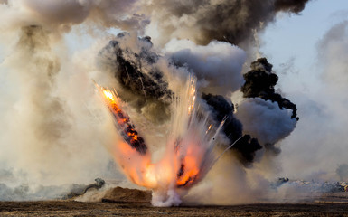 Explosions of bombs and shells. Reconstruction of the battle of world war II. Battle for...
