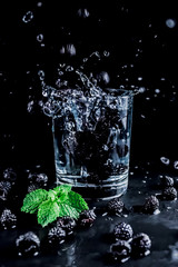 Fototapeta na wymiar water with blackberries, splash in a glass, water for health, refreshing drinks