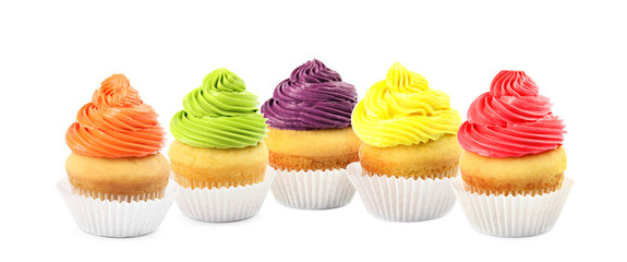 Set of different delicious birthday cupcakes on white background. Banner design