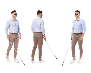 Set of blind man with long cane walking on white background