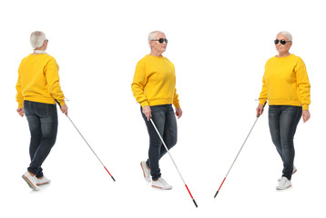 Set of mature blind woman with long cane walking on white background
