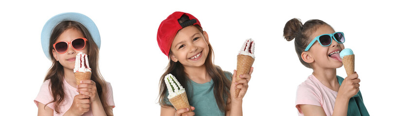 Adorable little girl with delicious ice creams on white background