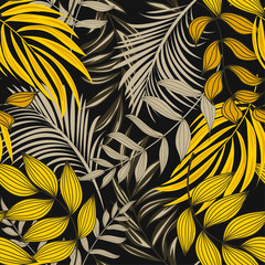 Bright abstract seamless pattern with colorful tropical leaves and flowers on dark background. Vector design. Jungle print. Floral background. Printing and textiles. Exotic tropics. Fresh design.