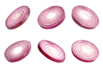 Set of sliced fresh red onion on white background