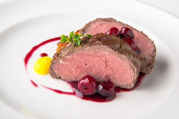Filet mignon Beef, or Pork. Grilled young calf tenderloin with berries, mashed potatoes. Banquet...