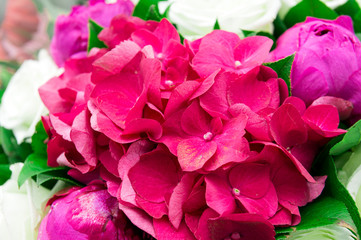 flowers are pink hydrangeas and peonies, delicate petals