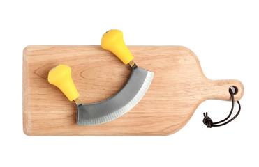 Mezzaluna knife with wooden board isolated on white, top view