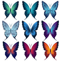 Set of multicolored  butterflies. View from above on a white  background. Isolated for decoration and design.  Vector illustration.