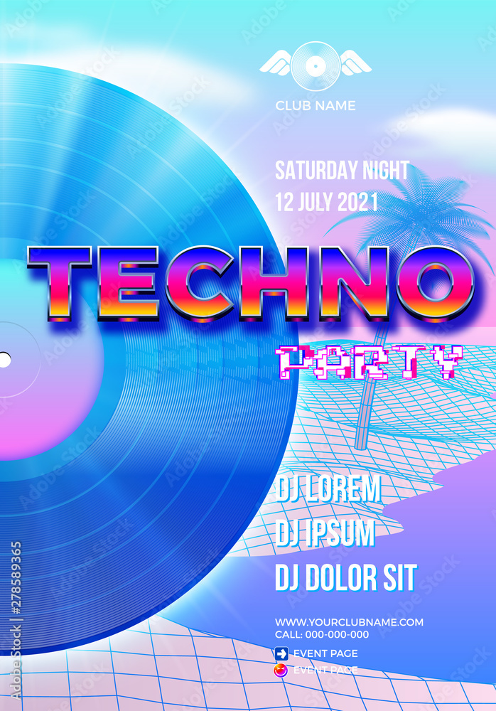 Poster beach party poster for clubbing dance event with vaporwave, 80s retro or synth wave style and palm t