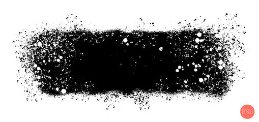 Vector hand drawn big brush stain with splashes. Black ink painted stroke. Painted by brush black stains. Monochrome artistic backdrop. Grungy background.