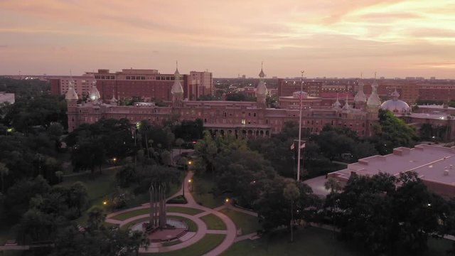 Aerial over the University of Tampa at at sunset. Florida, USA. 3 July 2019