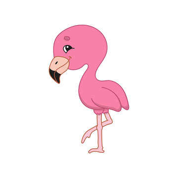 Pink flamingo. Cute character. Colorful vector illustration. Cartoon style. Isolated on white background. Design element. Template for your design, books, stickers, cards, posters, clothes.
