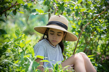 Girl sitting in blueberry field