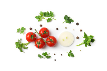 Flat lay composition with green parsley, pepper and vegetables on white background