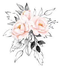 Peonies, watercolor pink and gray flowers. Floral summer vintage illustration isolated on white background. Hand drawing. Perfectly for wedding, birthday, party, other greetings design.