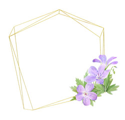 Geometric frame of lilac watercolor geranium flowers isolated on white background. Perfect for logo, design, cosmetics design, package, textile