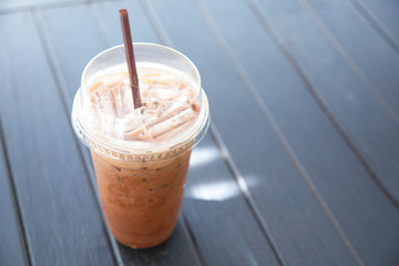Iced chocolate on wood table 