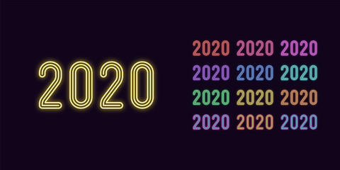 Neon text 2020, Year number. Glowing date 2020 set