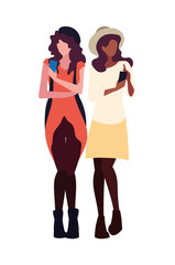 two women using smartphone talking