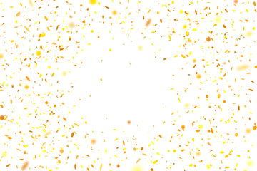 Golden confetti. Falling randomly glitter tinsel. Shiny isolated round particles on white background. Vector celebration illustration for carnival, party, anniversary or birthday.