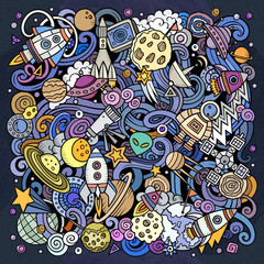 Cartoon vector doodles Space illustration. Colorful background