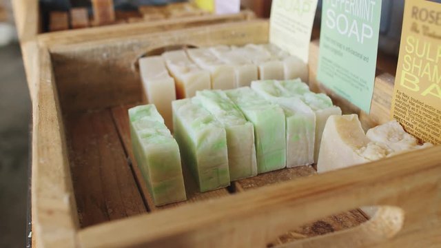 Close Up Of Soap Display In Sustainable Plastic Free Grocery Store