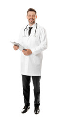 Full length portrait of male doctor with clipboard isolated on white. Medical staff