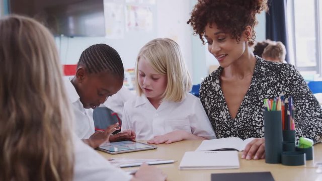 Female Teacher With Two Elementary School Pupils Wearing Uniform Using Digital Tablet At Desk