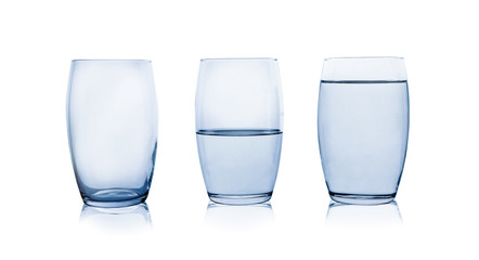Empty, half and full glasses of water on white background