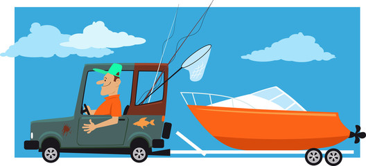 Man going fishing, towing a motor boat on a trailer behind a car, EPS 8 vector illustration